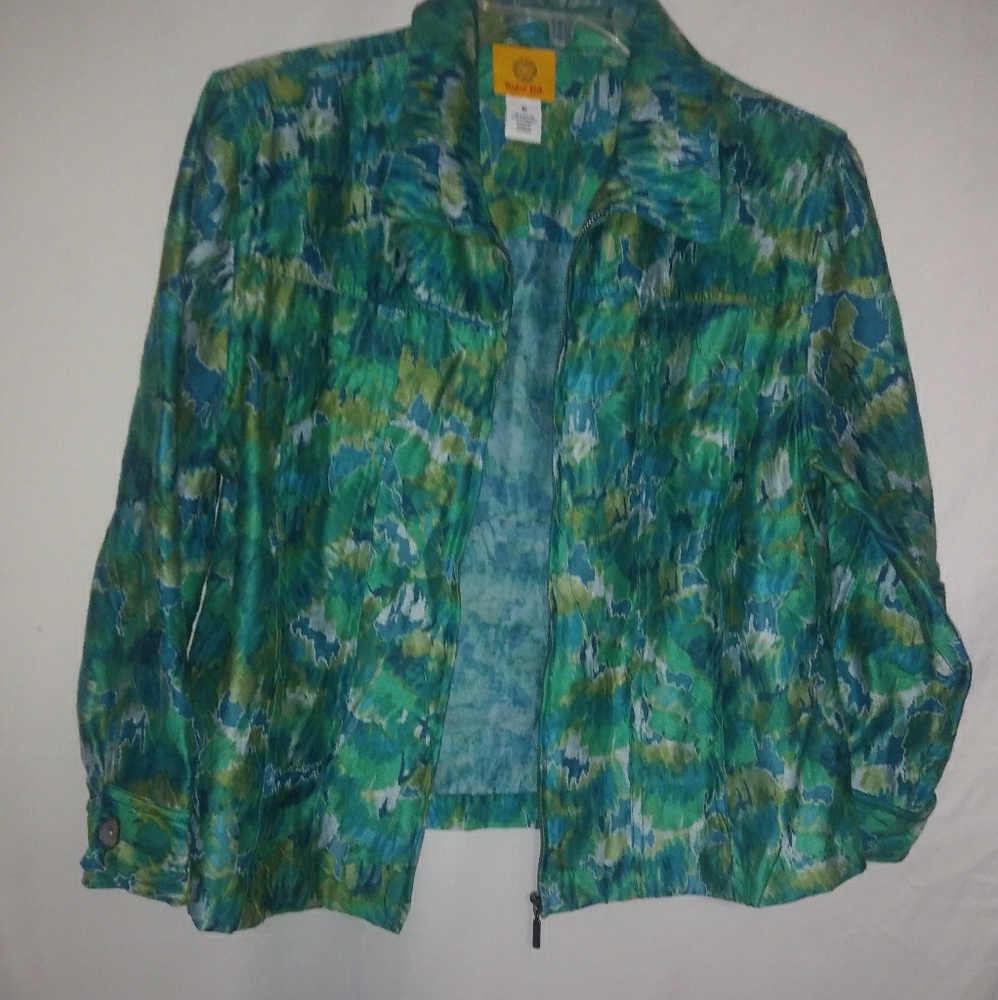 Ruby Rd. 10 Watercolor Floral Turquoise Green Zipper Jacket